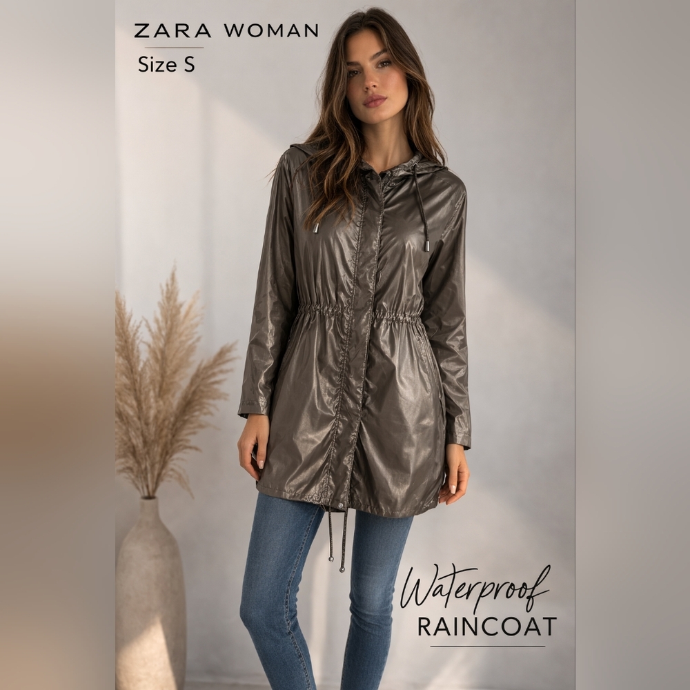 Zara Women Windbreaker Raincoat Green Metallic Lightweight Hooded Jacket Size S